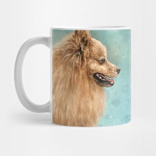 Painting of a Pomeranian Do with Golden Fur on Turquoise Background Mug